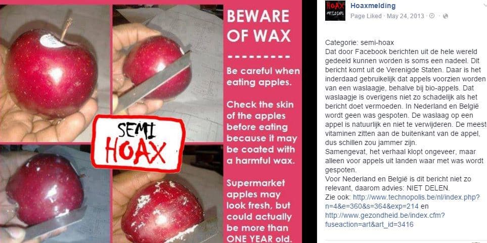 Hoaxmelding noemt het een semi-hoax: er zit wax op appels, maar er zit nog een verhaal achter.
